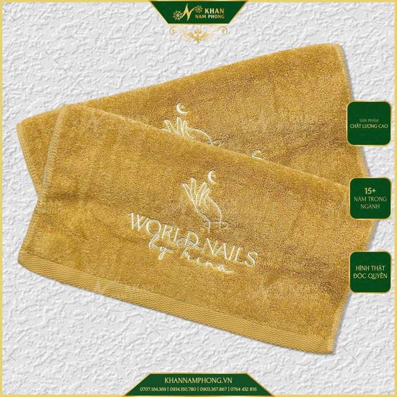 Khăn Nail Làm Tay Cotton 40x60cm Thêu Logo World Nails By Trina Vàng Bò