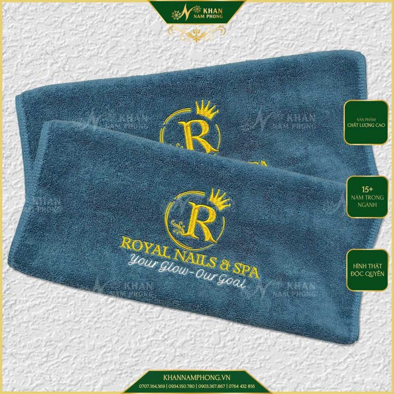 Khăn Làm Nail Chân Cotton Trắng & Xanh Vintage 40x80cm Thêu Logo Royal Nail & Spa - Your Glow - Our Goal