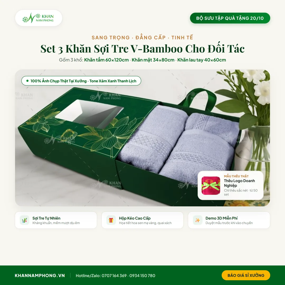 Maket demo 3D phối màu khăn sợi tre và vị trí thêu logo thương hiệu đối tác