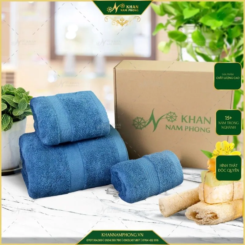 Set 3 khăn quà tặng đối tác gồm khăn tắm, khăn gội và khăn mặt cùng màu xếp trong hộp
