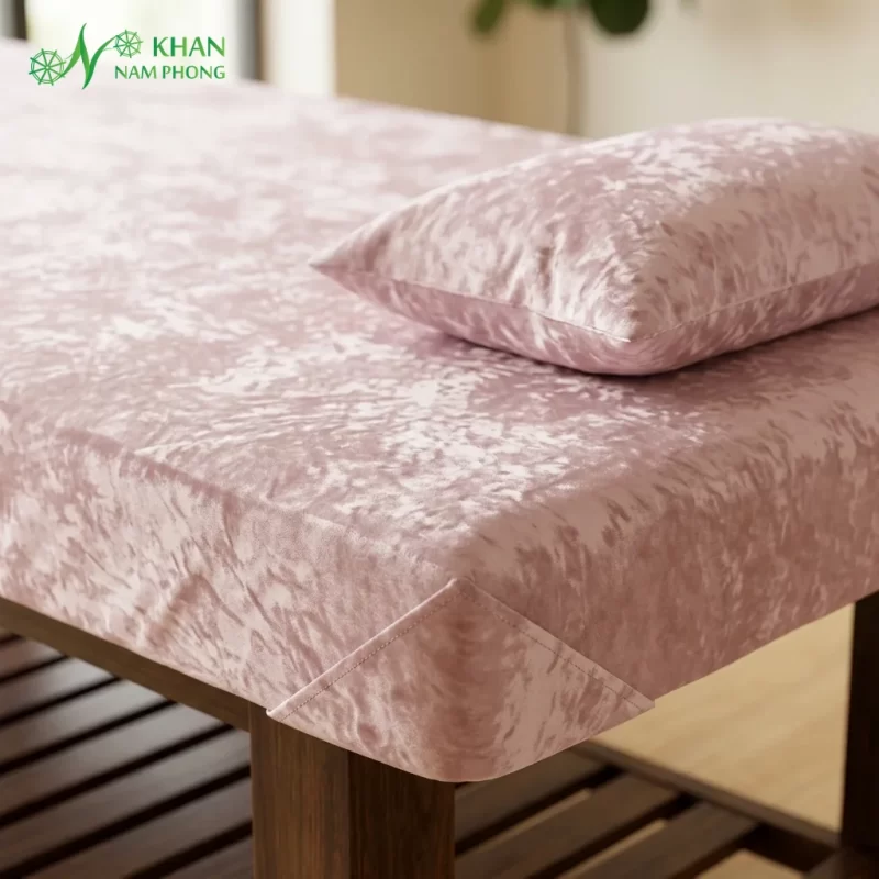 Cận cảnh bề mặt vải nhung tuyết màu hồng mềm mịn và gối đi kèm ga bọc nệm spa