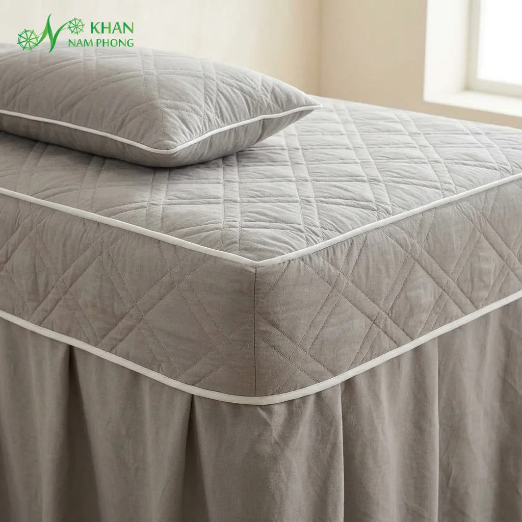 Ga Trải Giường Spa Màu Xám Trà Sữa Cotton Chần Bông Kèm Gối Cận cảnh chất liệu cotton chần bông quả trám màu xám trà sữa và viền gân trắng quanh nệm