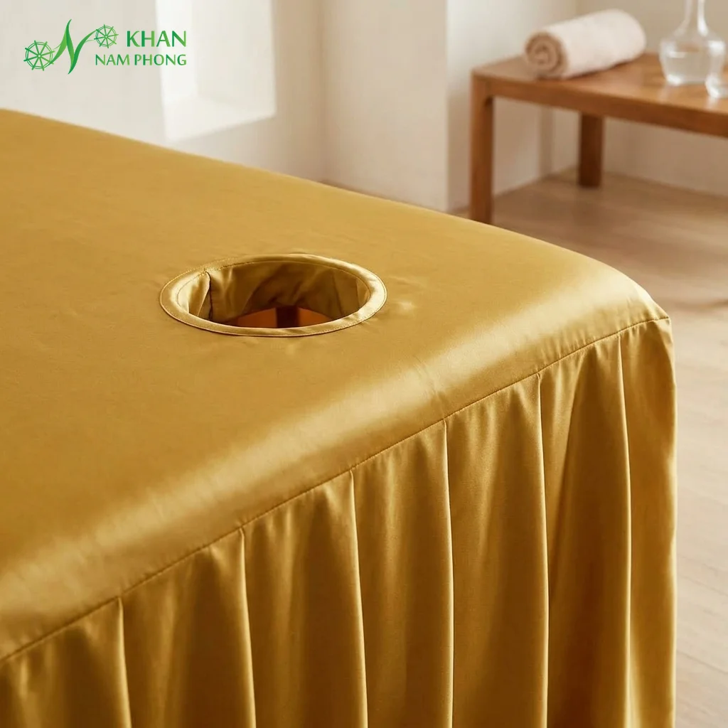 Cận cảnh chất liệu lụa phi bóng óng ả và lỗ úp mặt bọc viền ga trải giường spa vàng đồng