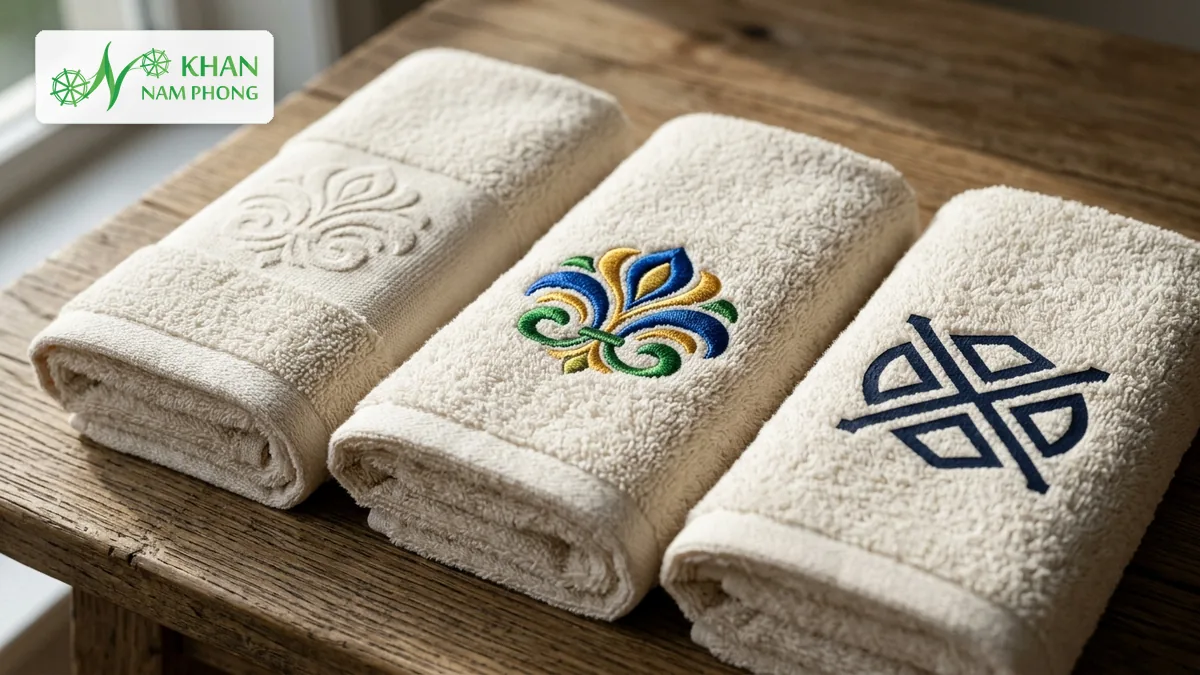 So sánh kỹ thuật dệt logo chìm jacquard thêu logo vi tính và in logo trên khăn