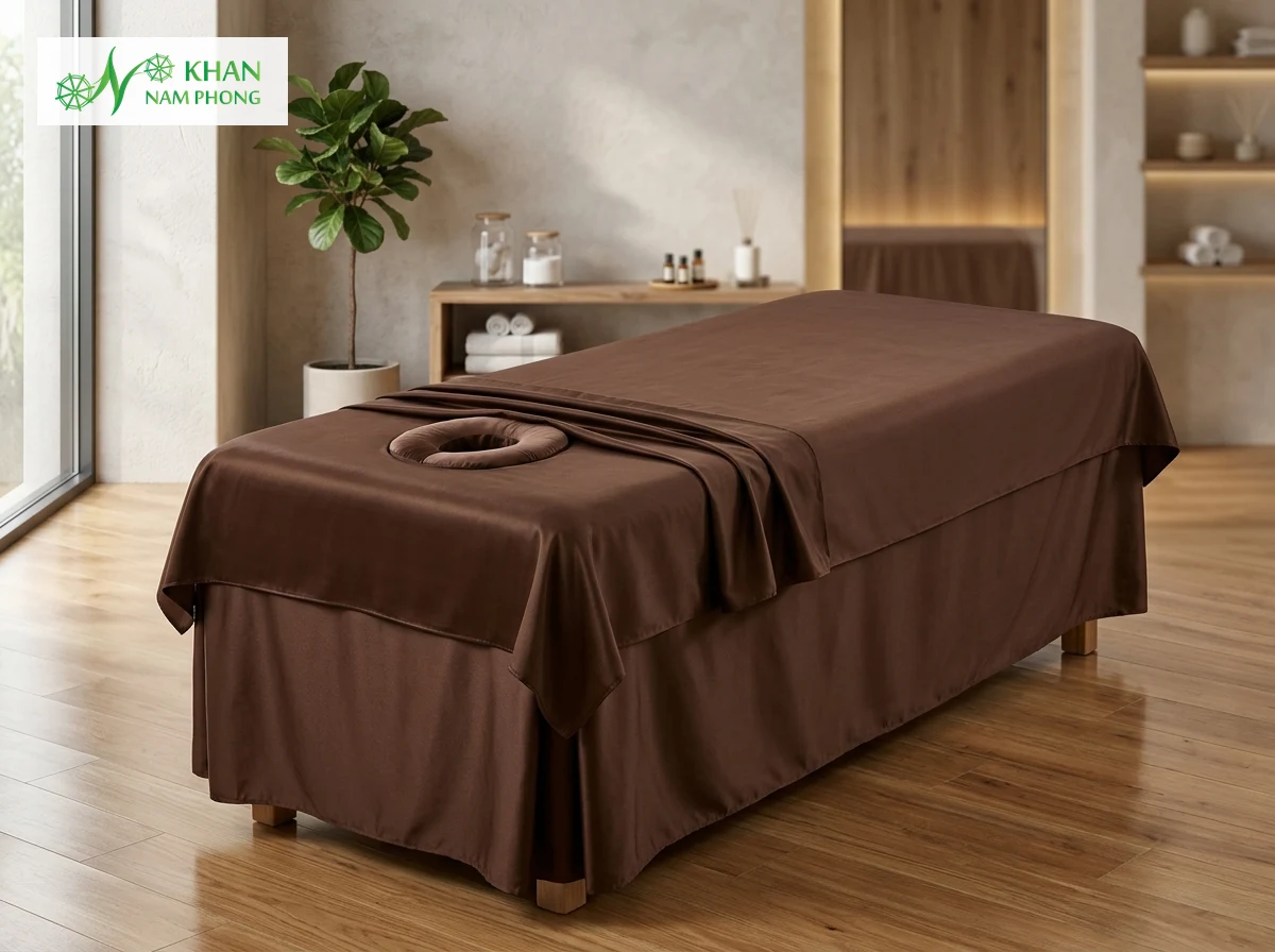 Ga trải giường spa massage gội đầu màu nâu socola bằng lụa satin có khoét lỗ