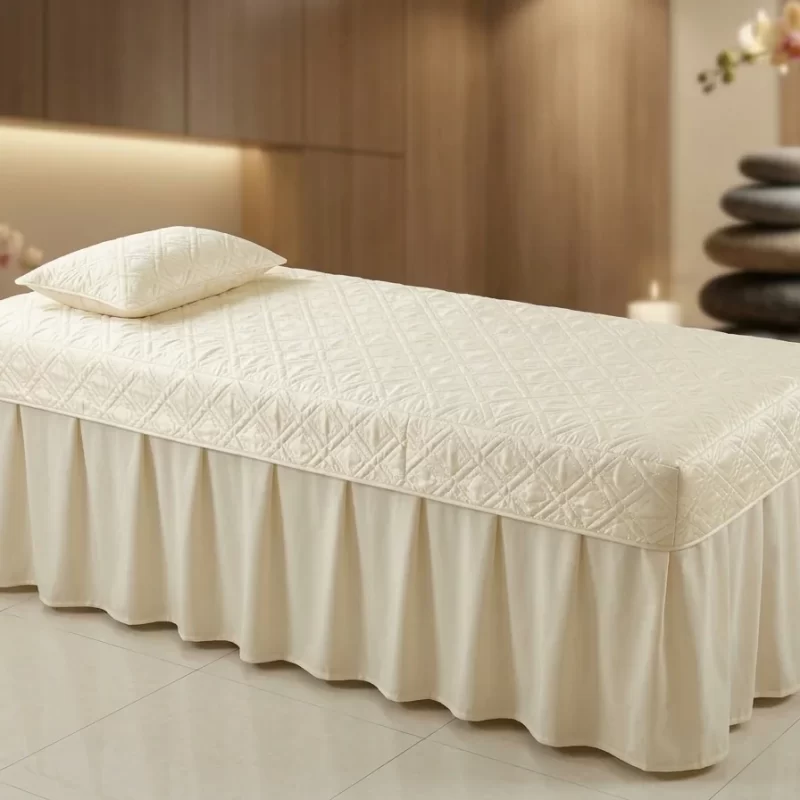 Chi tiết chất liệu và độ hoàn thiện Drap Trải Giường Spa, Massage Chần Bông Cotton Màu Kem + Kèm Gối Khăn Nam Phong