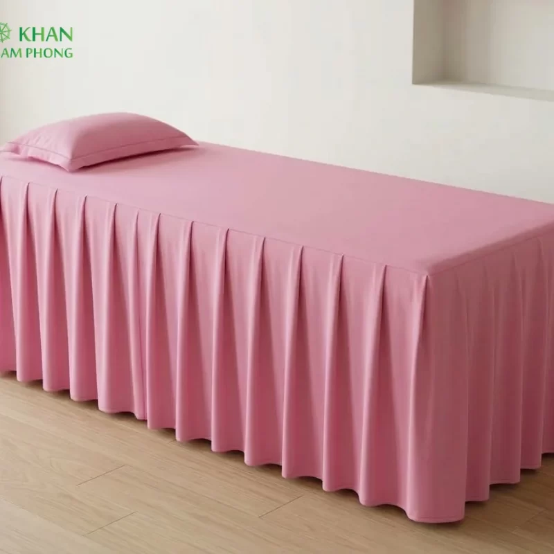 Ga Trải Giường Spa Thun Hàn Quốc Màu Hồng Cánh Sen phủ chân xếp ly chụp studio thực tế