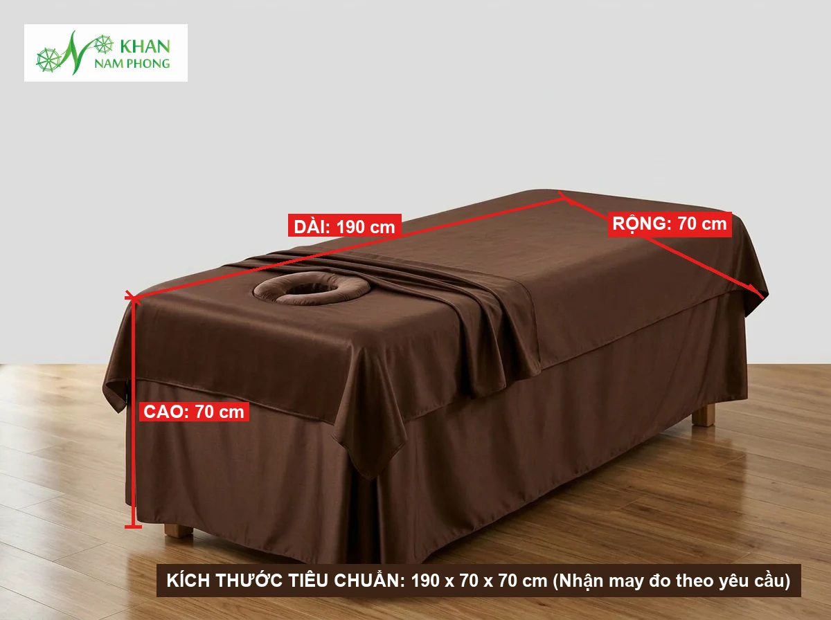 Thông số kích thước tiêu chuẩn 190x70x70cm ga giường gội đầu spa màu nâu socola