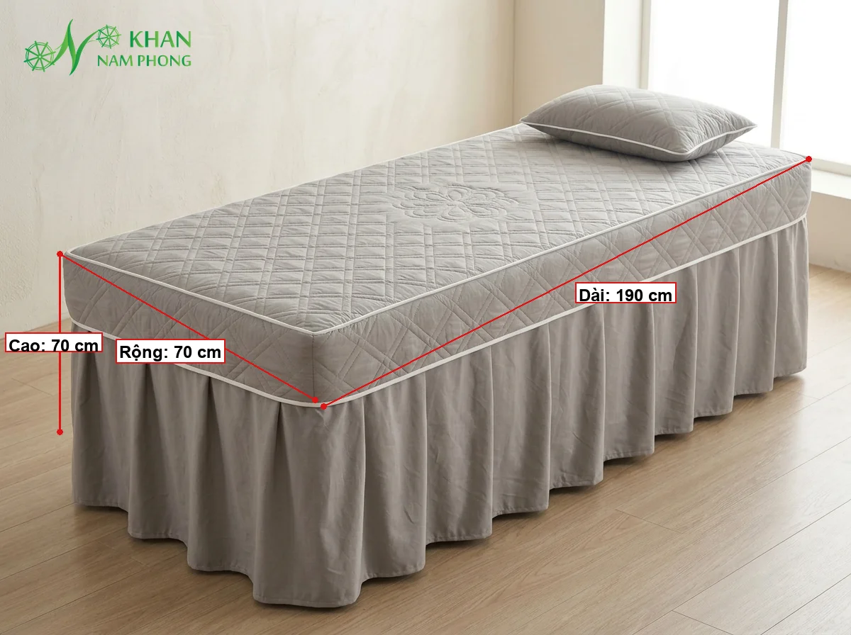 Ga Trải Giường Spa Màu Xám Trà Sữa Cotton Chần Bông Kèm Gối Thông số kích thước ga trải giường spa cotton chần bông màu xám trà sữa 190x70x70cm