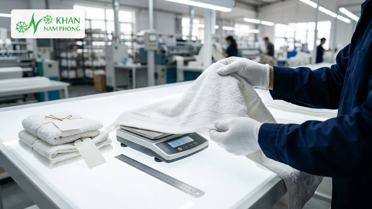 Quy trình kiểm tra chất lượng khăn bông may đo đường kim và định lượng GSM trước khi giao