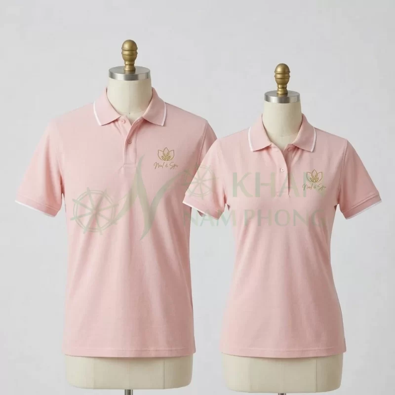 Áo Polo Đồng Phục Tiệm Nail Nam Nữ Màu Hồng Pastel Viền Trắng Thêu Logo mặt trước: gam màu hồng pastel thanh lịch phối viền trắng nhẹ nhàng, ngực áo thêu logo hoa sen Nail & Spa