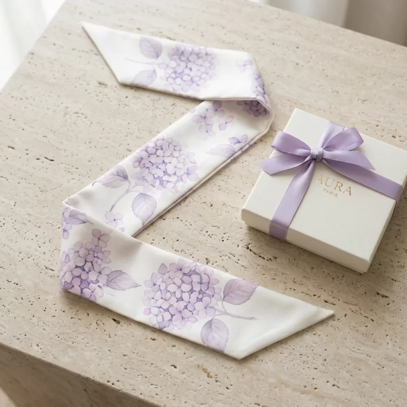 Khăn twilly lụa in hoa cẩm tú cầu tím pastel nhẹ nhàng thanh lịch khổ 5x130cm làm quà tặng phụ nữ
