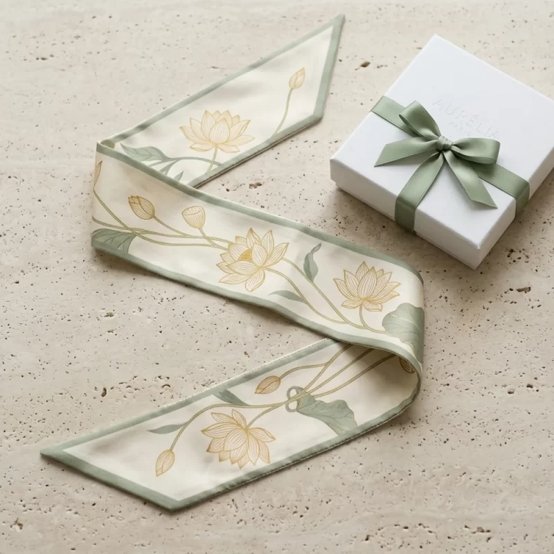 Khăn twilly lụa in hoa sen vàng trên nền xanh sage khổ 5x130cm làm quà tặng doanh nghiệp tinh tế