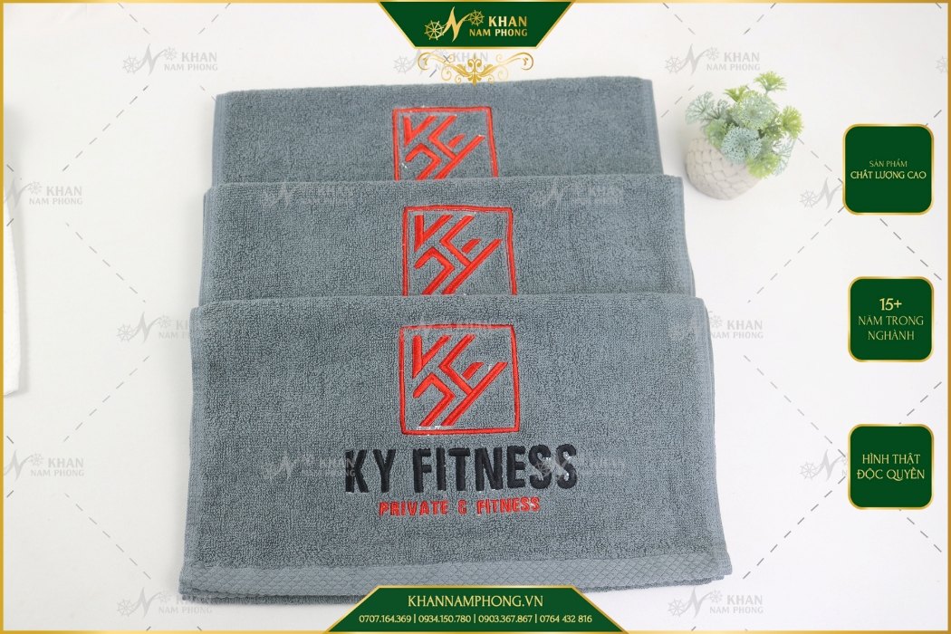 Khăn Tập Gym 34x80cm Màu Xám Nhạt 100% Cotton Thêu Logo KY Fitness