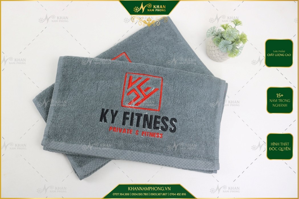 Khăn Tập Gym 34x80cm Màu Xám Nhạt 100% Cotton Thêu Logo KY Fitness