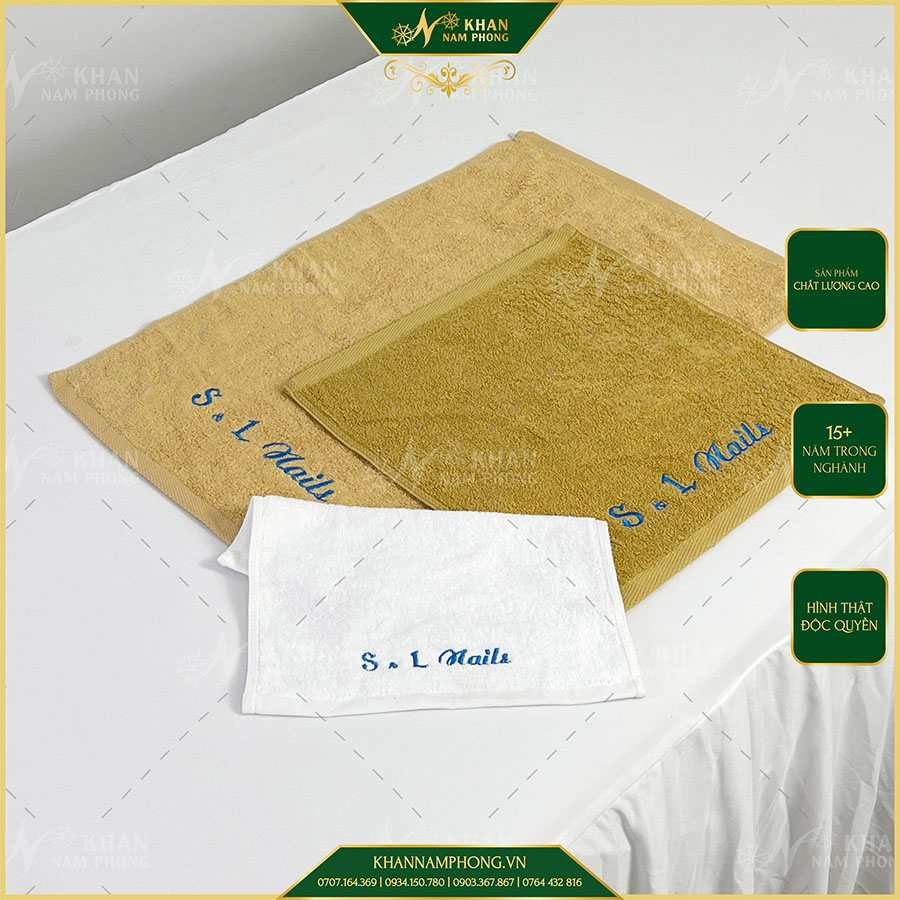 Khăn Làm Nails, Móng Thêu Logo S L Nail Màu Vàng Bò 100% Cotton Cao Cấp 40x60cm
