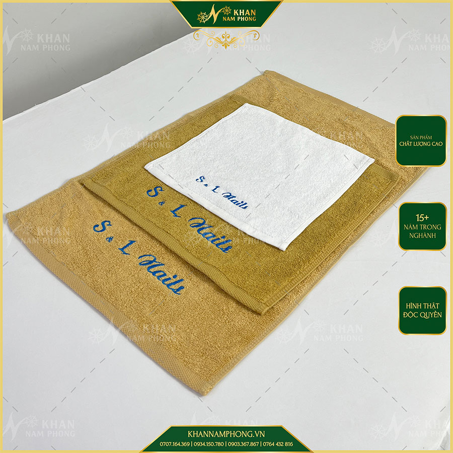 Khăn Làm Nails, Móng Thêu Logo S L Nail Màu Vàng Bò 100% Cotton Cao Cấp 40x60cm