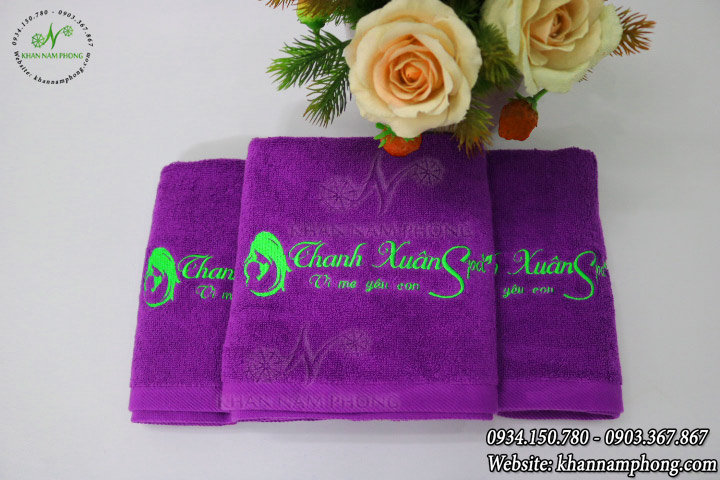 Khăn Tay Spa Thêu Logo Thanh Xuân Spa Màu Tím Cotton Khăn tay spa thêu logo Thanh Xuân Spa Màu Tím Cotton