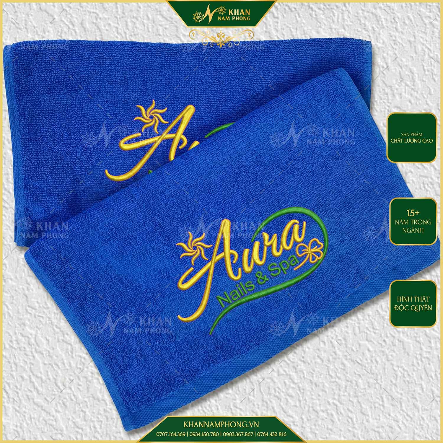 Bộ Khăn Làm Nail, Làm Móng Cotton Thêu Logo Màu Xanh Dương Bộ Khăn Làm Nail, Làm Móng Cotton Thêu Logo Màu Xanh Dương