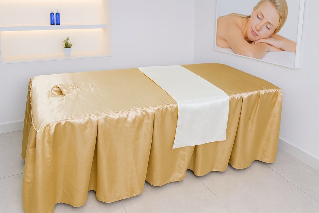 Drap Giường Spa Chất Liệu Lụa Hàn Quốc Màu Vàng Kem Kèm Chăn Phủ Màu Trắng Drap giường spa lụa Hàn Quốc màu vàng kem và chăn phủ trắng