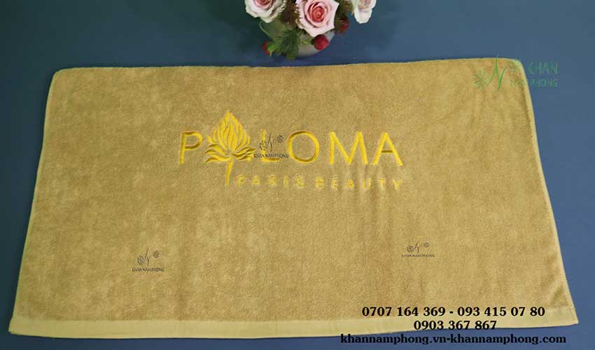 Bộ Khăn Trải Giường Spa Nâu Nhạt 100% Cotton Thêu Logo Mẫu khăn trải giường Paloma Paris Beauty (Da bò-Cotton