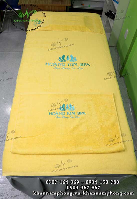 Bộ 3 Khăn Trải Giường Spa Màu Vàng Cotton 90X190Cm Thêu Logo Mẫu khăn trải giường Hoàng Kim Spa (Trắng & amp; Vàng - Cotton)