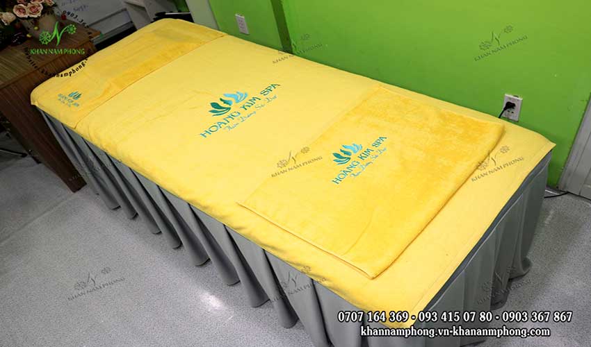 Bộ 3 Khăn Trải Giường Spa Màu Vàng Cotton 90X190Cm Thêu Logo Mẫu khăn trải giường Hoàng Kim Spa (Trắng & amp; Vàng - Cotton)
