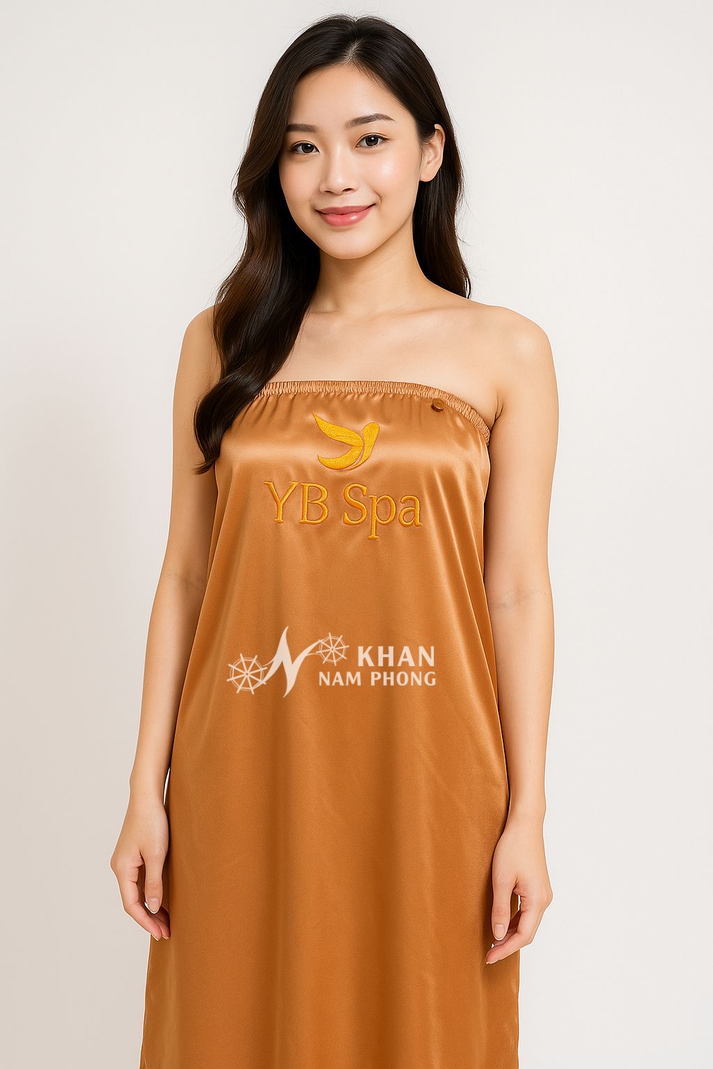 Bộ Váy, Áo Quây Lửng Spa, Massage Vải Lụa Phi Bóng Màu Vàng Đồng Thêu Logo Trước Ngực Bộ Váy, Áo Quây Lửng Spa, Massage Vải Lụa Phi Bóng Màu Vàng Đồng Thêu Logo Trước Ngực