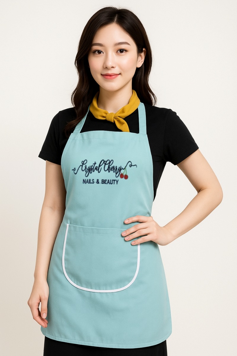 Tạp Dề Tiệm Nails Thêu Logo Màu Xanh Mint Cotton Lạnh Cổ Vuông Freesize Tạp Dề Tiệm Nails Thêu Logo Màu Xanh Mint Cotton Lạnh Cổ Vuông Freesize