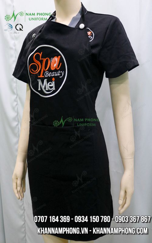 Tạp Dề Nail Màu Đen Cotton Lạnh Cổ Yếm Freesize Thêu Logo Spa Beauty Mei Tạp Dề Nail Màu Đen Cotton Lạnh Cổ Yếm Freesize Thêu Logo Spa Beauty Mei