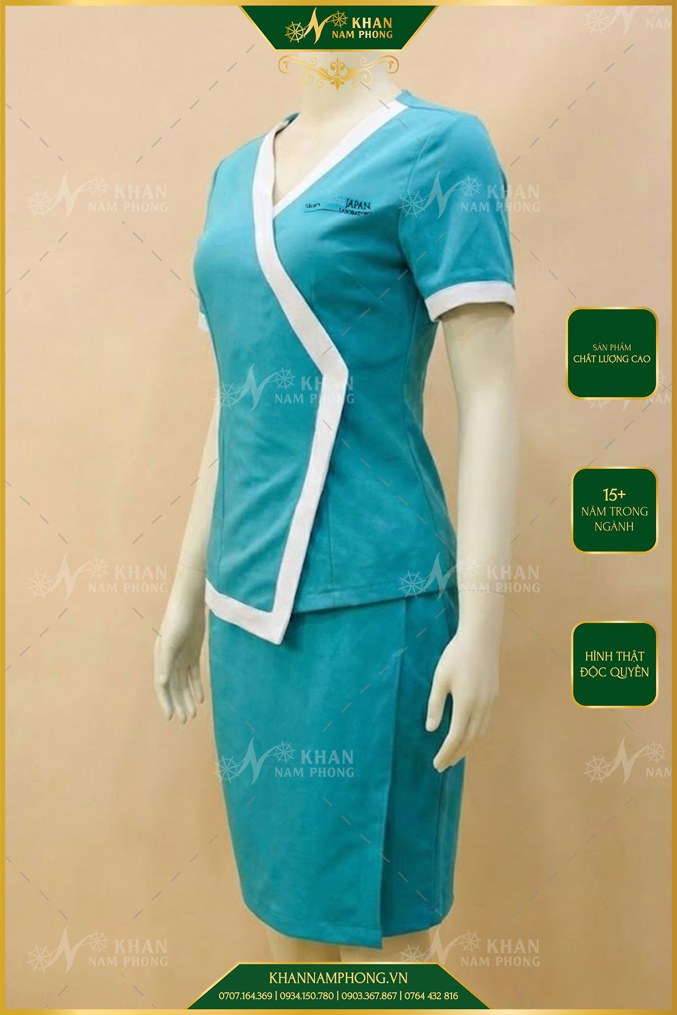 Váy Đồng Phục Spa Màu Xanh Da Trời Chất Liệu Cotton Nhật Thêu Logo Skin Japan Laboratory Váy Đồng Phục Spa Màu Xanh Da Trời Chất Liệu Cotton Nhật Thêu Logo Skin Japan Laboratory