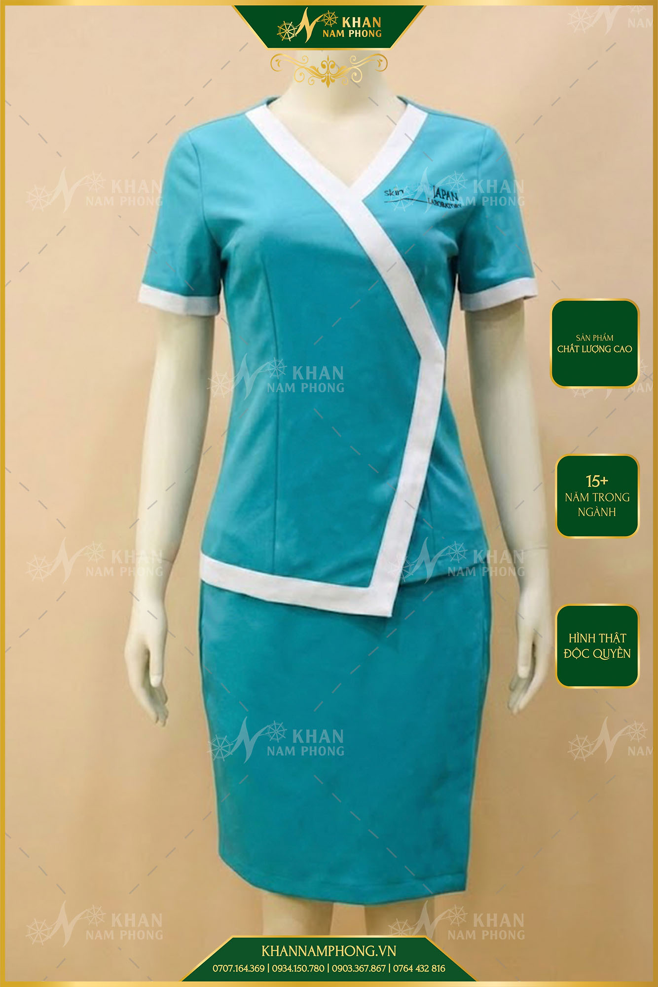 Váy Đồng Phục Spa Màu Xanh Da Trời Chất Liệu Cotton Nhật Thêu Logo Skin Japan Laboratory Váy Đồng Phục Spa Màu Xanh Da Trời Chất Liệu Cotton Nhật Thêu Logo Skin Japan Laboratory