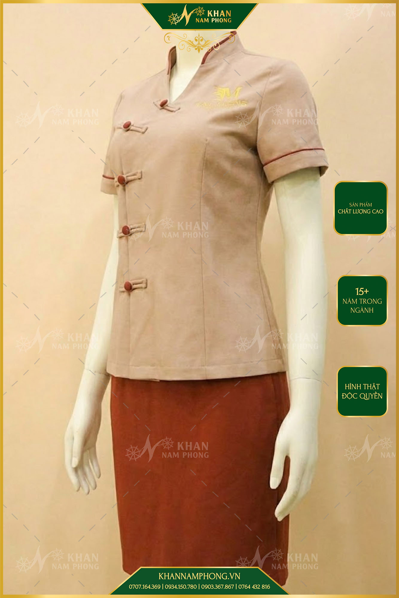 Váy Đồng Phục Spa Màu Nâu Chất Liệu Cotton Lạnh Thêu Logo Mộc Châu Spa Váy Đồng Phục Spa Màu Nâu Chất Liệu Cotton Lạnh Thêu Logo MỘC CHÂU SPA