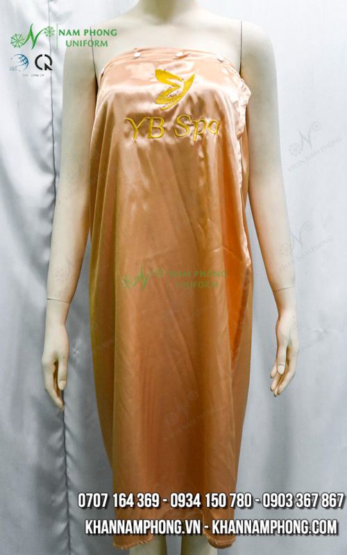Váy (Áo) Quây Màu Cam Lụa Phi Bóng Thêu Logo Yb Spa Váy (Áo) Quây Màu Cam Lụa Phi Bóng Thêu Logo YB Spa