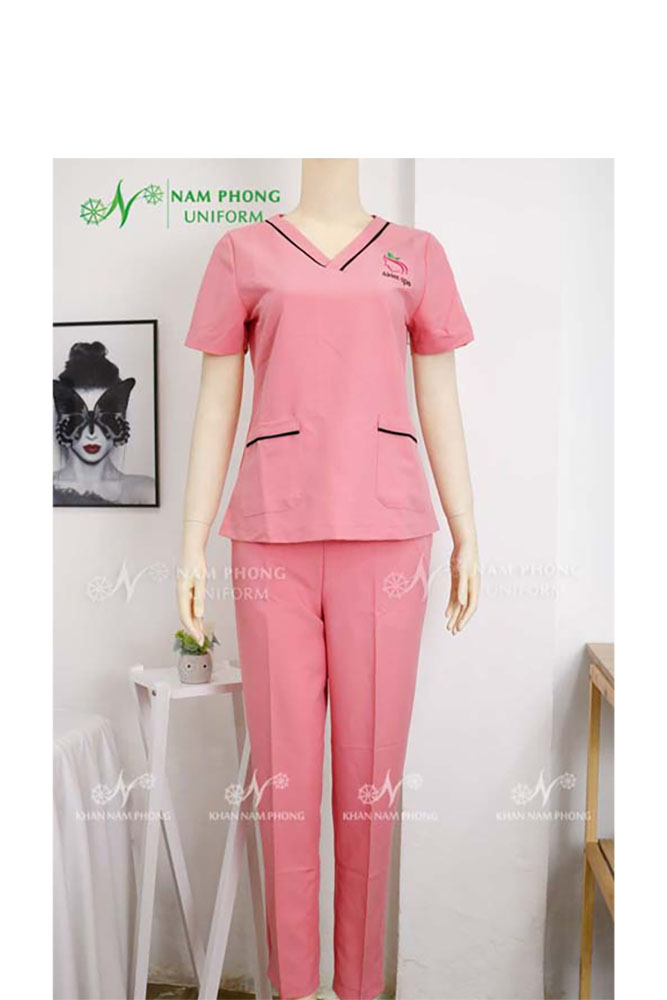Quần Áo Đồng Phục Spa Màu Hồng Chất Liệu Cotton Lạnh Thêu Logo Akiet Spa Hình ảnh DPSP – AKIET SPA