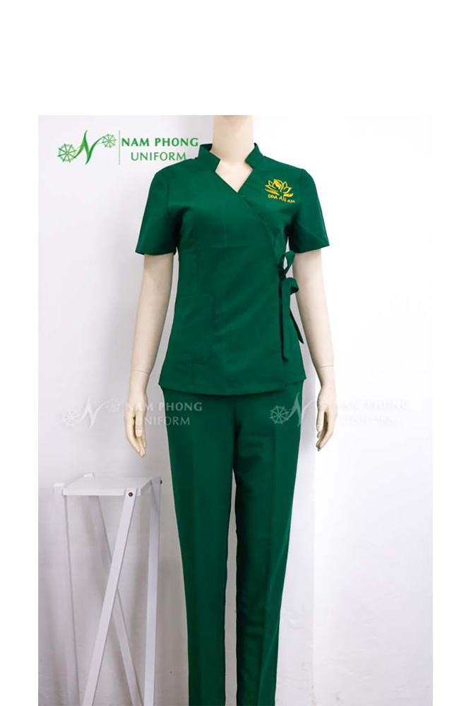 Quần Áo Đồng Phục Kỹ Thuật Viên Spa Màu Xanh Thêu Logo Spa An An Hình ảnh DPSP – Spa An An