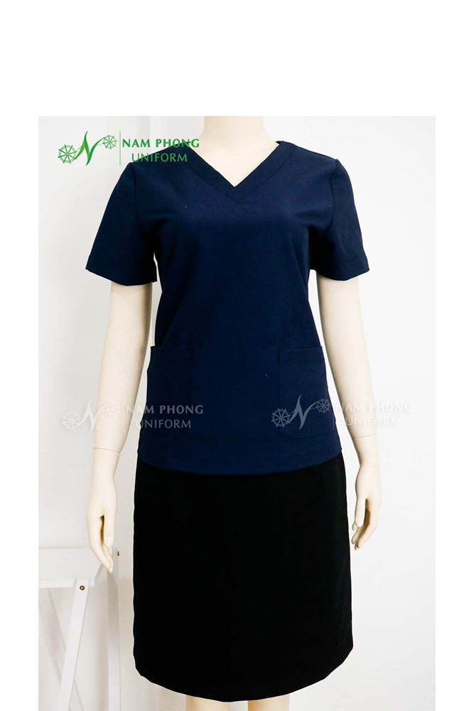 Váy Đồng Phục Spa Nữ Màu Xanh Cổ Tim Màu Xanh Than Cotton Nhật Hình ảnh DPSP – Dạng Váy Cổ Tim Màu Xanh