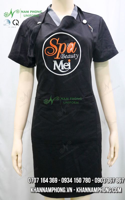 Tạp Dề Nail Màu Đen Cotton Lạnh Cổ Yếm Freesize Thêu Logo Spa Beauty Mei Tạp Dề Nail Màu Đen Cotton Lạnh Cổ Yếm Freesize Thêu Logo Spa Beauty Mei