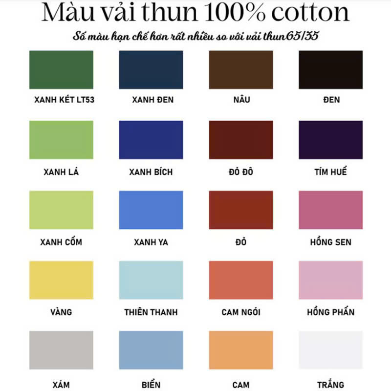 Bảng Màu Vải Đồng Phục Cotton Usa Bảng màu vải đồng phục cotton USA