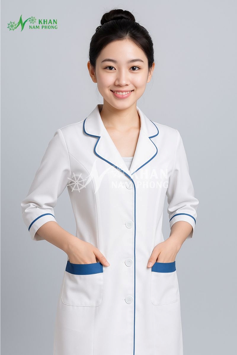 Đồng Phục Áo Blouse Trắng Ngành Y Phối Viền Xanh Tp.hcm Đồng phục áo blouse trắng ngành y phối viền xanh TP.HCM