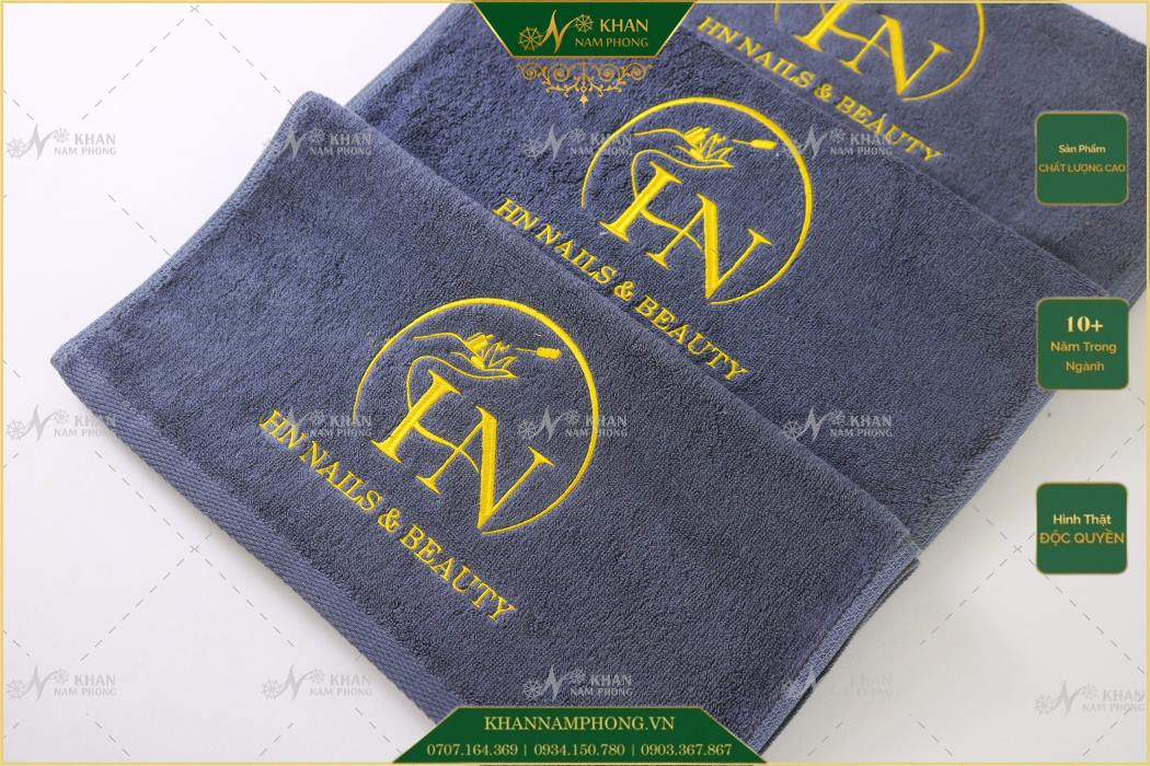 Khăn Nail Màu Xám Cotton Thêu Logo Kích Thước 34X80Cm Khăn nail màu xám cotton thêu logo kích thước 34x80cm