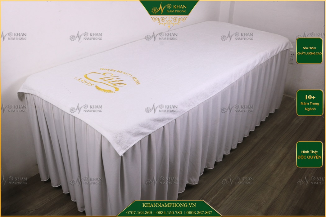 Khăn trải giường spa cotton thêu logo Elite Khăn trải giường spa cotton thêu logo Elite