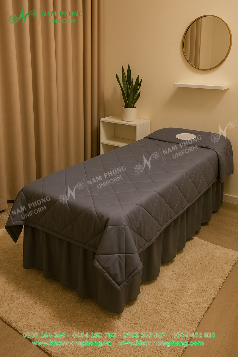 Drap Giường Có Lỗ Spa Lụa Chần Bông Nam Phong Màu Xám Drap giường có lỗ spa lụa chần bông Nam Phong màu xám