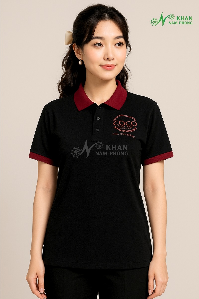 Quần Áo Đồng Phục Làm Nail Màu Xám Cotton Lạnh Thêu Logo Áo Polo Đồng Phục Nail Màu Đen Viền Đỏ Thêu Logo