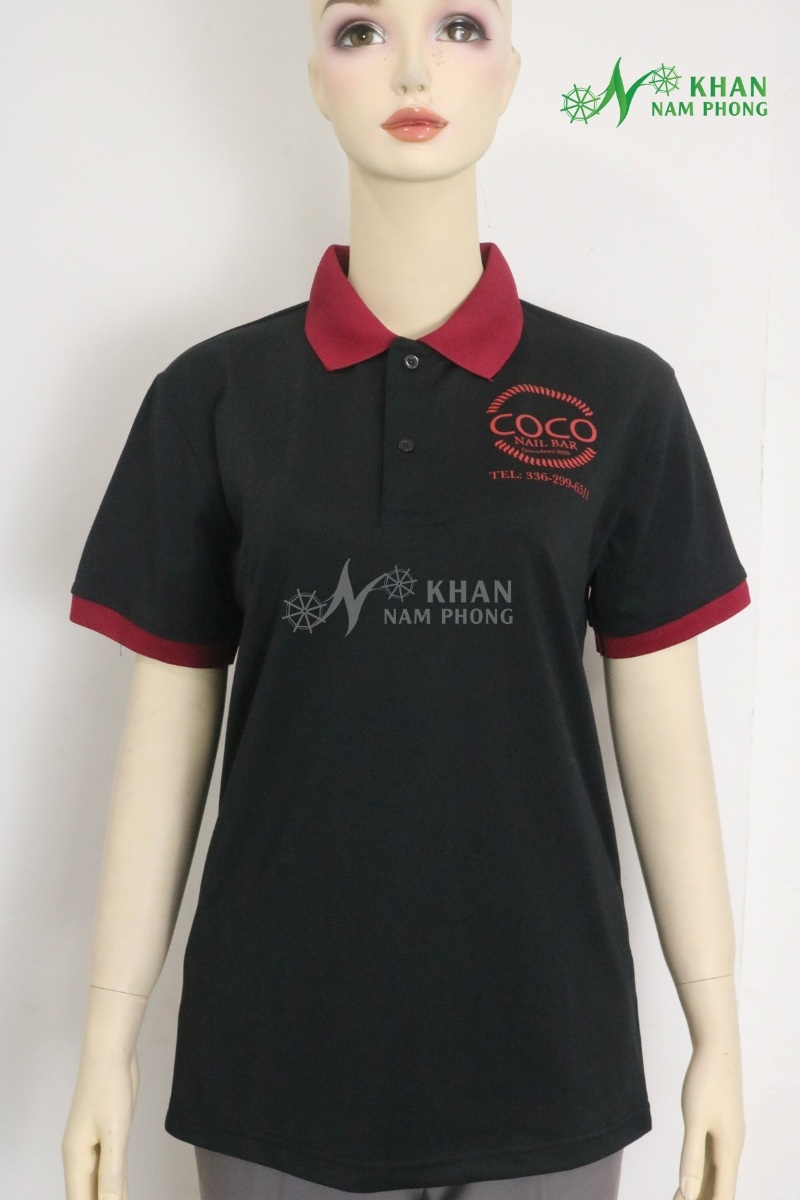 Quần Áo Đồng Phục Làm Nail Màu Xám Cotton Lạnh Thêu Logo Áo Polo Đồng Phục Nail Màu Đen Viền Đỏ Thêu Logo