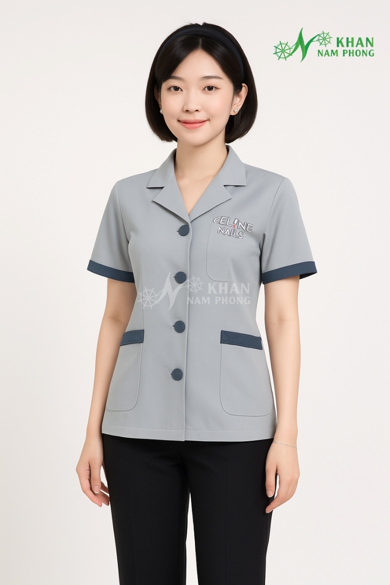 Quần Áo Đồng Phục Làm Nail Màu Xám Cotton Lạnh Thêu Logo Quần Áo Đồng Phục Làm Nail Màu Xám Cotton Lạnh Thêu Logo