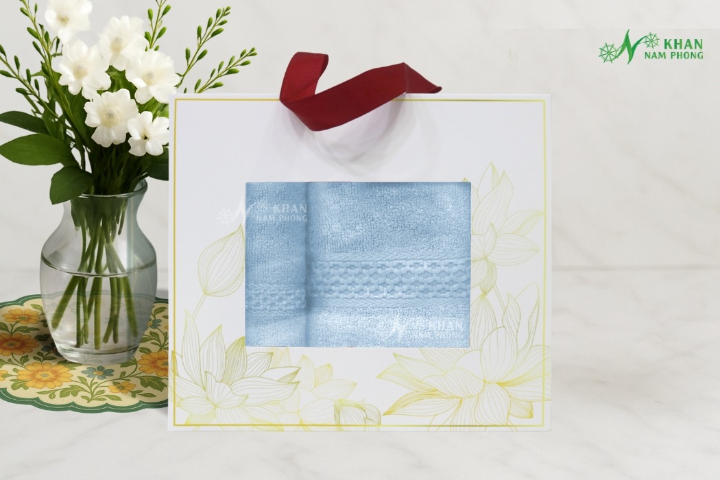 Combo 2 Khăn Quà Tặng Vbamboo 28X50Cm &Amp; 50X100Cm Màu Xanh Da Trời Đóng Gói Hộp Kéo Trắng Combo 2 khăn quà tặng cao cấp VBamboo màu xanh da trời