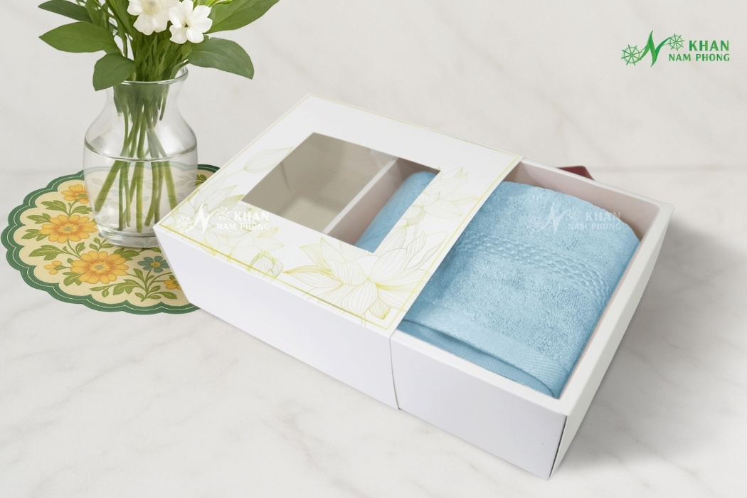 Combo 2 Khăn Quà Tặng Vbamboo 28X50Cm &Amp; 50X100Cm Màu Xanh Da Trời Đóng Gói Hộp Kéo Trắng Combo khăn quà tặng cao cấp VBamboo màu xanh da trời