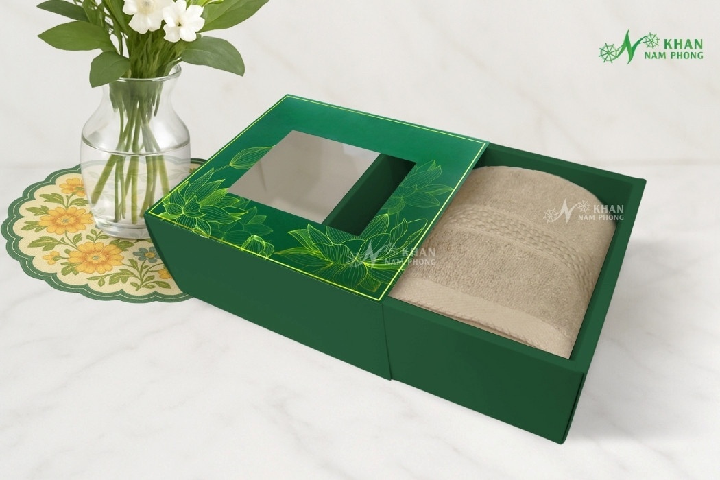 Set 2 Khăn Quà Tặng Vbamboo 28X50Cm &Amp; 50X100Cm Màu Nâu Nhạt Đóng Hộp Kéo Xanh Lá set khăn quà tặng cao cấp với thiết kế sang trọng