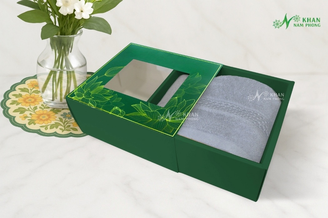 Set 2 Khăn Quà Tặng Vbamboo 28X50Cm &Amp; 50X100Cm Màu Xám Đóng Hộp Kéo Xanh Lá Set khăn quà tặng cao cấp bằng cotton tự nhiên, màu xám